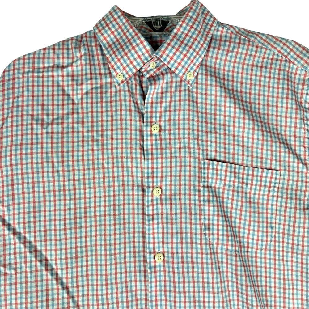 Peter Millar Shirt Men's Medium Blue Red Plaid Check Long Sleeve Button Down Top